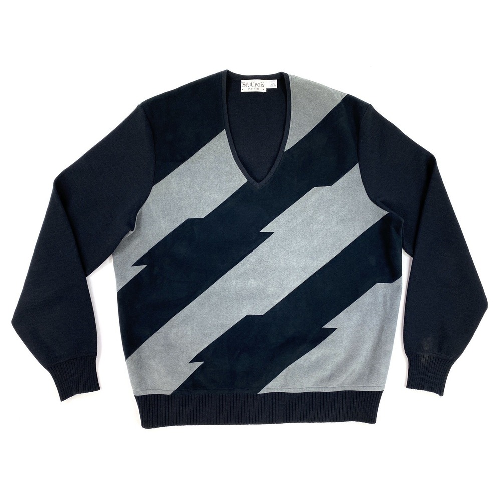 St. Croix Men's Large Black Gray Color Block Wool Suede Retro 80s V-Neck Sweater